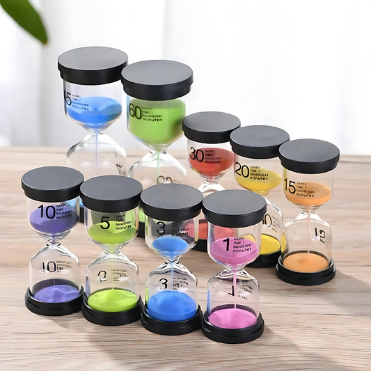 Colorful kids' visual sand timer set for time management, featuring hourglasses for learning and play