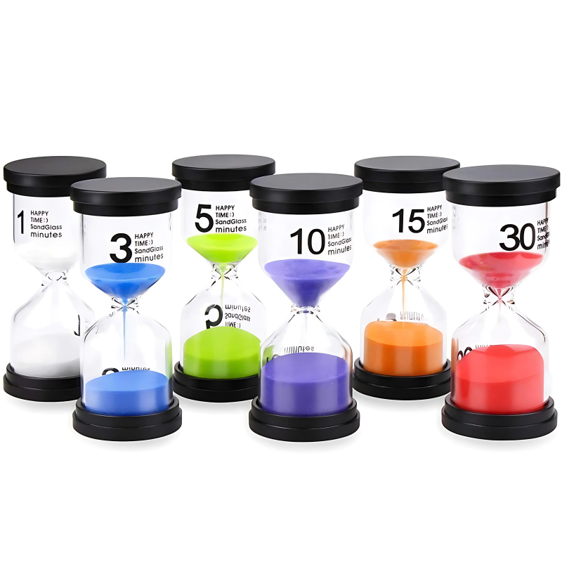 Kids' visual sand timer set with multiple colorful hourglasses, ideal for learning, play, and time management education