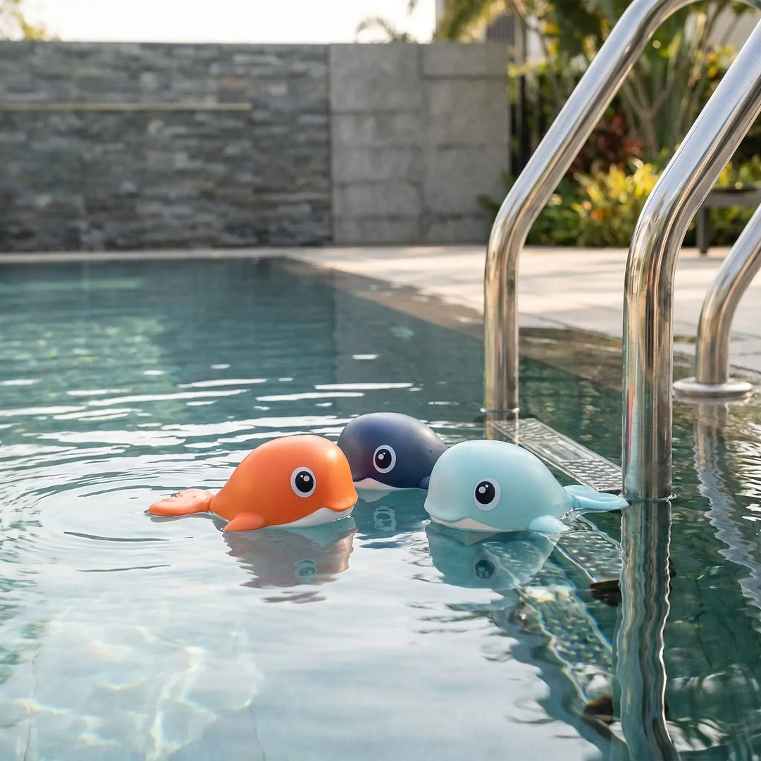 Colorful kids' wind-up floating whale bath toy set for toddlers. Battery-free water playtime fun.