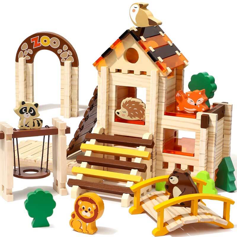 Colorful kids wooden & acrylic building blocks with animal figures for creative educational play, preschool toy.
