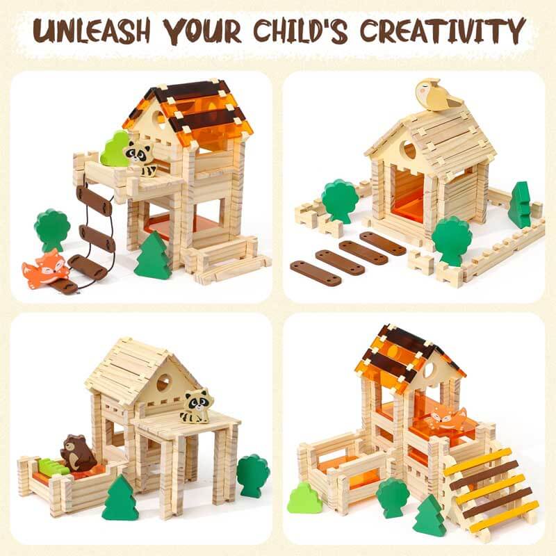 Wooden and clear acrylic building block set with assorted animal figures, ideal for constructive toddler play.