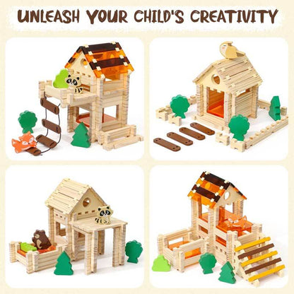 Wooden and clear acrylic building block set with assorted animal figures, ideal for constructive toddler play.