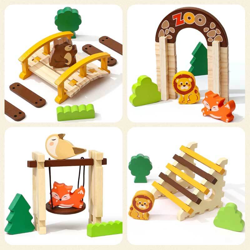 Children's building blocks: natural wood and vibrant acrylic shapes alongside animal figures, educational toy.