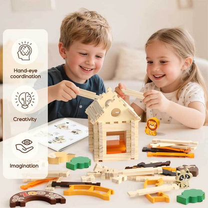 Educational construction toy: kids wooden & acrylic building block set featuring playful animal figures.