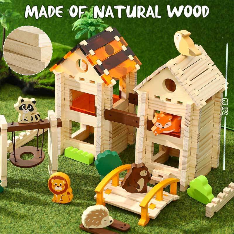 Creative play kit: animal figures and translucent acrylic, solid wooden building blocks for young children.