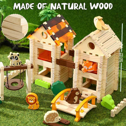 Creative play kit: animal figures and translucent acrylic, solid wooden building blocks for young children.