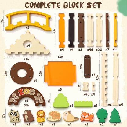Variety of wooden and acrylic building blocks with detailed animal figures for engaging imaginative play.
