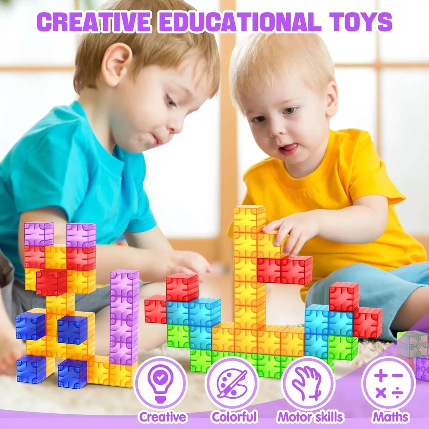 Toddler building a tower with vibrant magnetic tiles, enhancing fine motor skills