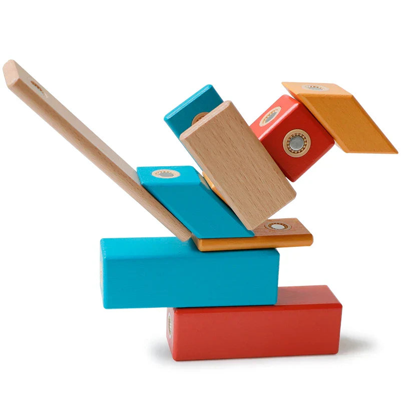 Kids building tower with vibrant magnetic blocks, promoting creative skill development