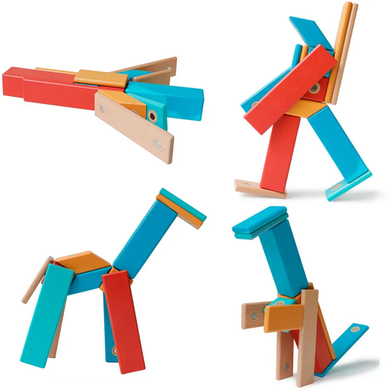 Close-up of child's hands connecting magnetic building blocks, engaging STEM toy for kids