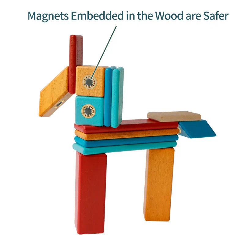 Assortment of wooden magnetic blocks for educational play, promoting construction skills in children