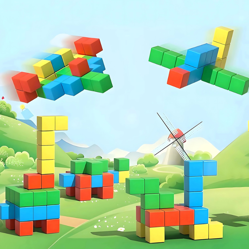Colorful magnetic building blocks for kids, promoting STEM learning and creative play in children's toys.