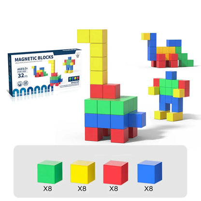 Toddler creating a tower with BPA-free magnetic construction building blocks
