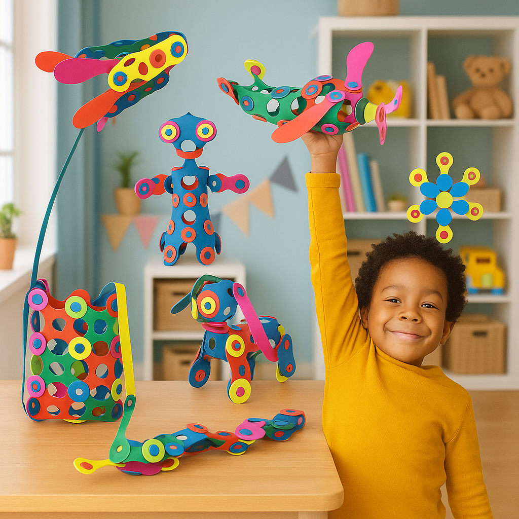 Colorful magnetic building blocks set for kids, promoting STEM learning and creative play.