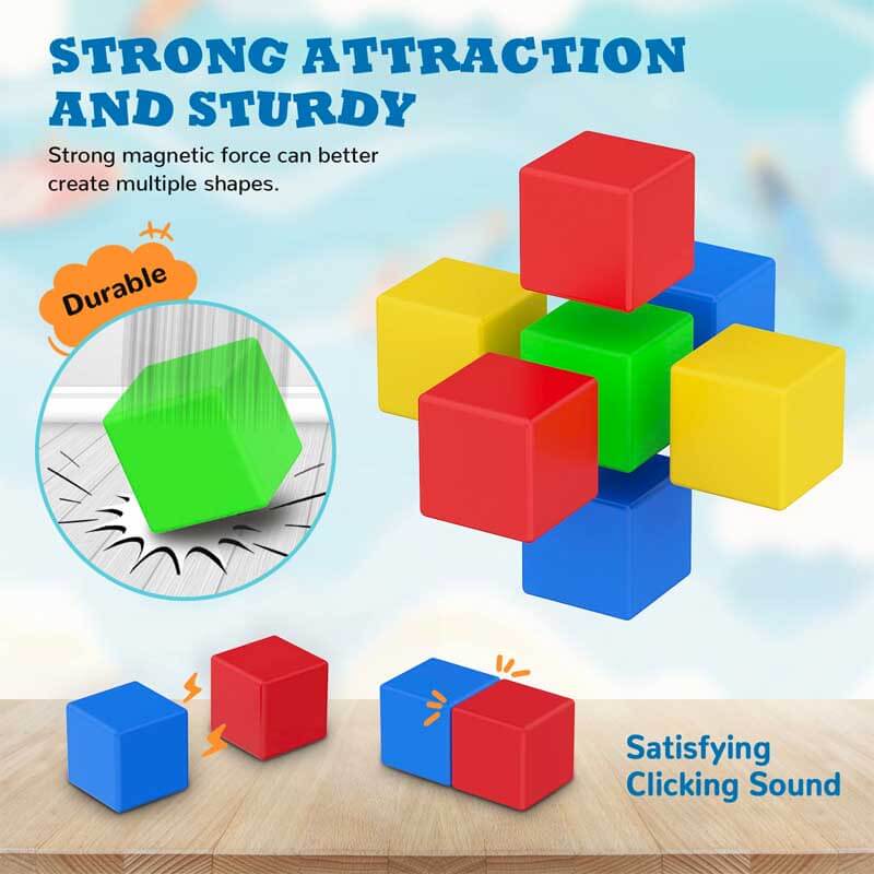 Child's hands building a structure with brightly colored magnetic cube blocks, a fun activity toy