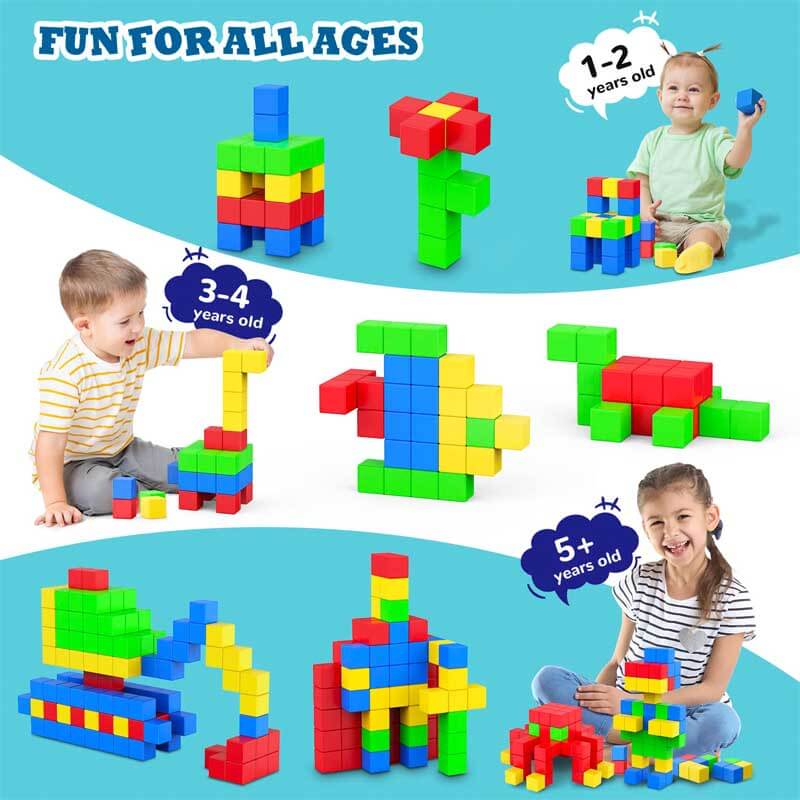 Assortment of magnetic building blocks in various colors on a white background, ideal for sensory play