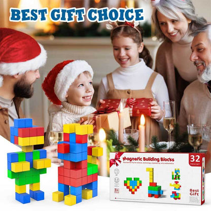 Close-up of interconnected magnetic cube blocks forming a unique shape, showcasing a construction toy