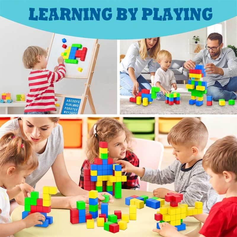 Magnetic building blocks arranged to spell 'STEM', highlighting their educational value for children