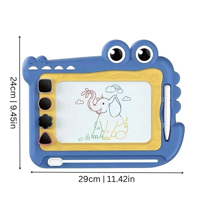 Toddler using a portable magnetic drawing board with stylus, an educational toy for young artists.