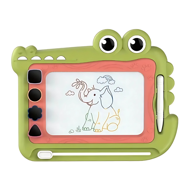 Close-up of a child drawing on a magnetic board with magnetic pen, a fun and mess-free kid's art toy.