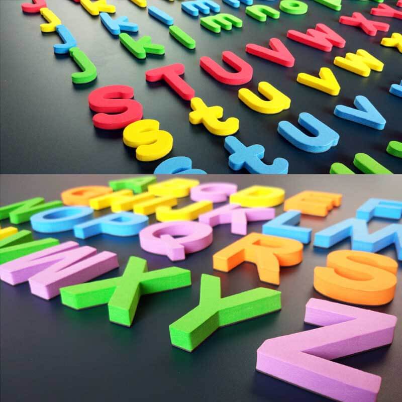 Magnetic alphabet letters and numbers in vibrant colors, ideal educational toy for kids' early development.