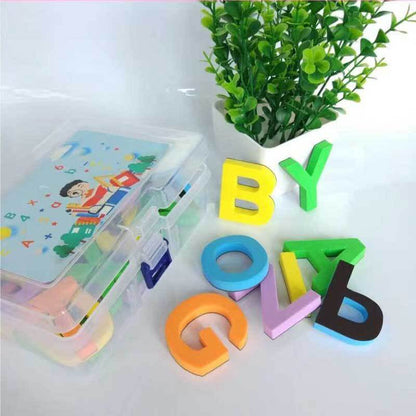 Close-up of a child's hand arranging magnetic letters & numbers on a board, enhancing early learning skills.