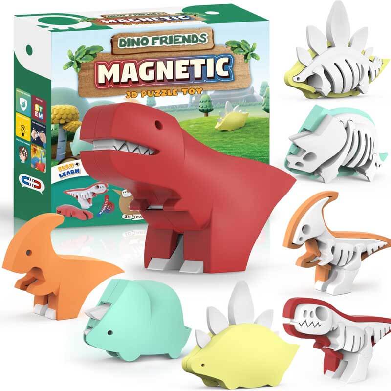 Colorful magnetic split dinosaur building toy set for kids, promoting STEM learning and fine motor skills