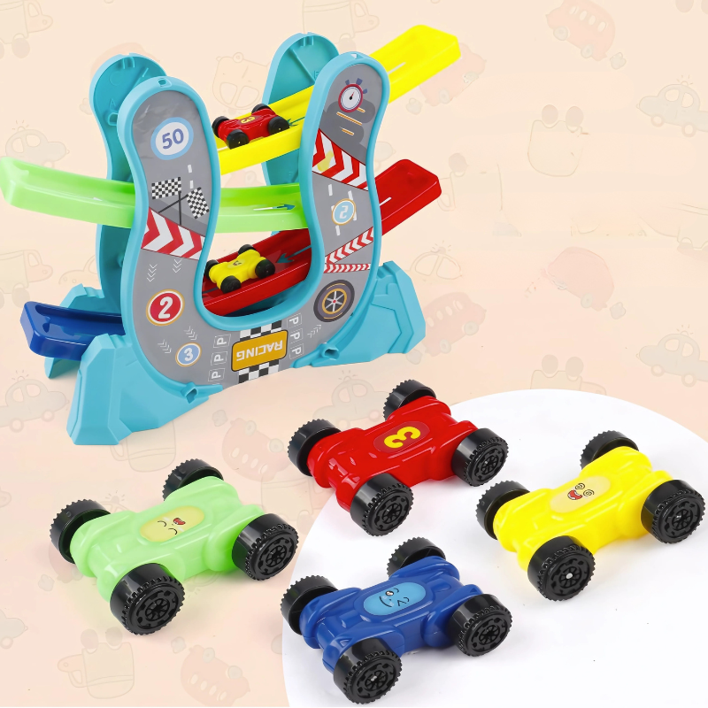 Colorful multi-level car ramp race track toy for kids, enhancing motor skills with miniature vehicles.
