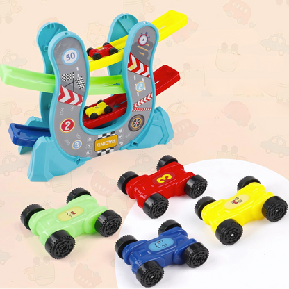 Colorful multi-level car ramp race track toy for kids, enhancing motor skills with miniature vehicles.