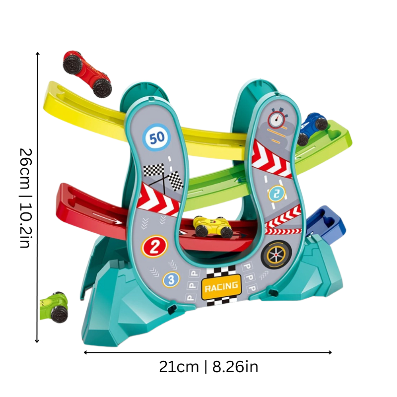 Durable plastic multi-level car ramp and race track for children's indoor and outdoor educational play.