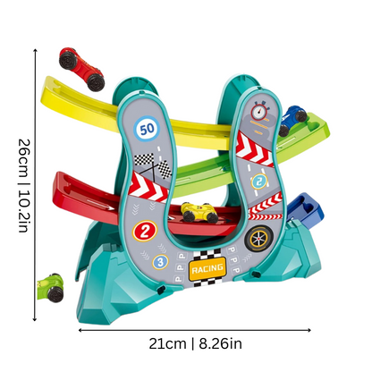 Durable plastic multi-level car ramp and race track for children's indoor and outdoor educational play.