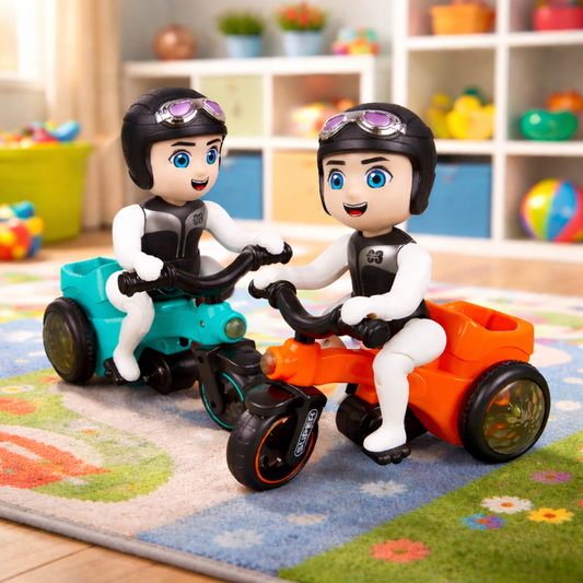 Colorful plastic kids' musical stunt tricycle toy with bright LED lights, perfect for toddlers.