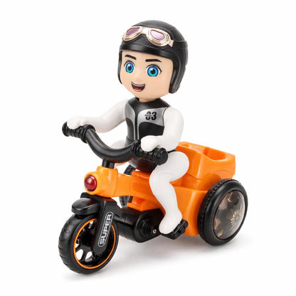 Dynamic action shot of a children's stunt tricycle toy with music and lights, an engaging toddler gift.