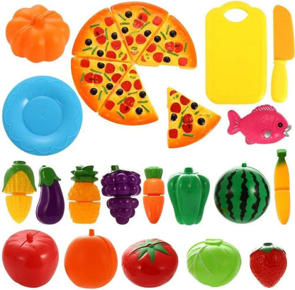 Colorful play food toy set with various fruits and vegetables for educational pretend play.