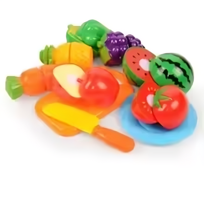 Colorful educational play food toy set for kids, enhancing motor skills with fruit and vegetable pieces.