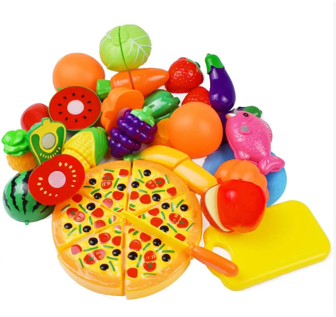 Kids' educational play food set, including toy fruit and vegetables for toddler motor skills.