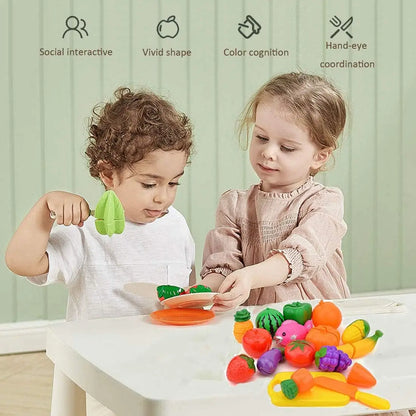 Pretend play kitchen set with colorful toy food, ideal for kids' imaginative play and learning.