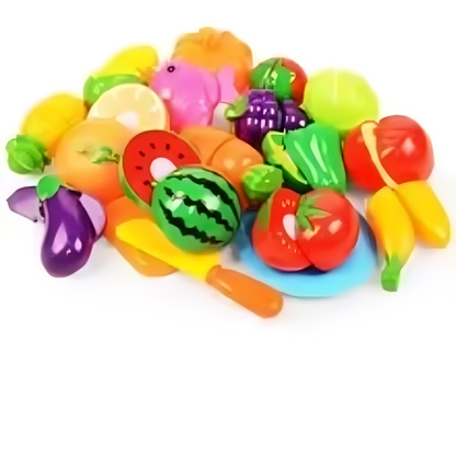 Pretend play fruit and vegetable toy set for toddlers, promoting educational and motor skills.