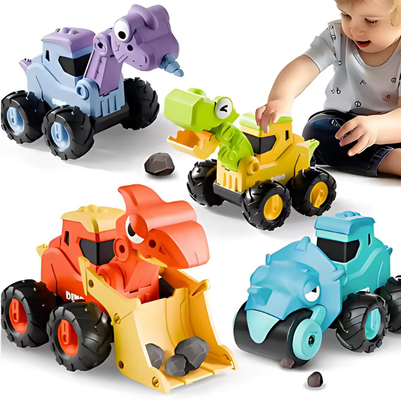 Colorful push and go dinosaur vehicle toy set for toddlers with T-Rex, triceratops, and brontosaurus.