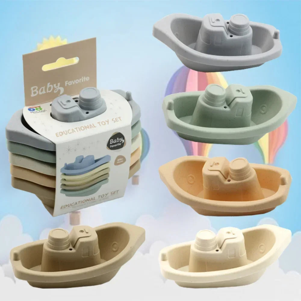 Colorful PVC stackable boat bath toy set for toddlers, perfect for water play and sensory development.