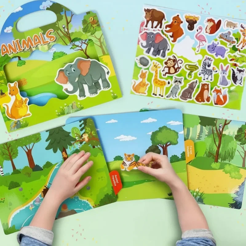 Colorful reusable sticker book open to a farm scene, educational fun for toddlers & preschoolers