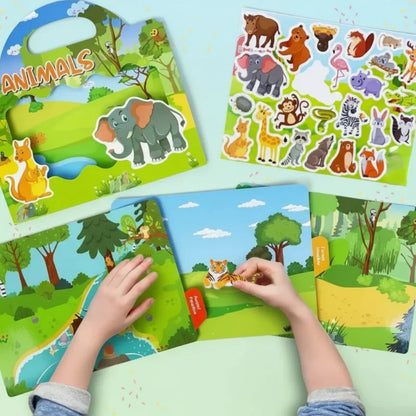 Colorful reusable sticker book open to a farm scene, educational fun for toddlers & preschoolers