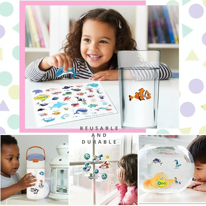 Toddler's hands placing a reusable animal sticker on a vibrant sticker book page, creative play activity
