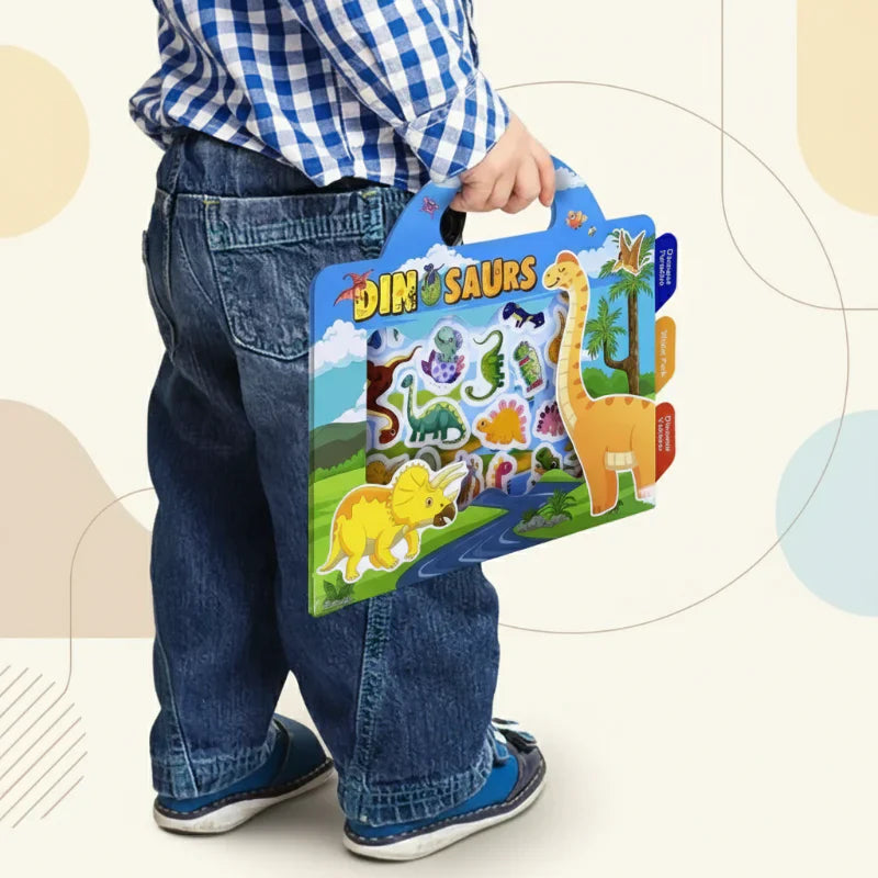Open reusable sticker book showing multiple scenes & a sheet of colorful stickers, great preschool toy