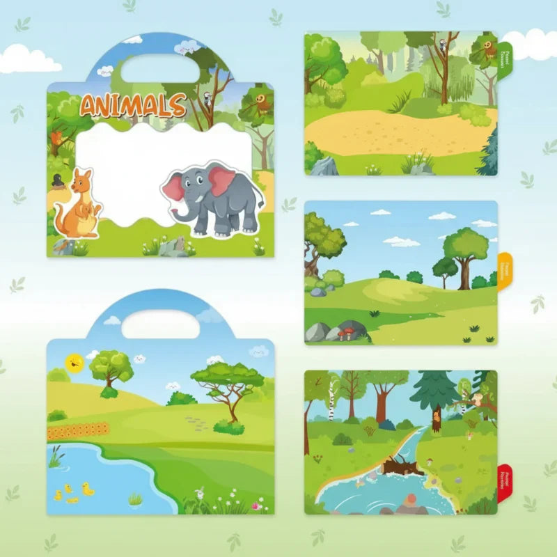 Cute animal reusable stickers laid out next to an open sticker book, engaging toddler activity