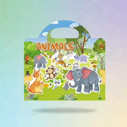 Boy points at a dinosaur in his reusable sticker book, learning game for young children