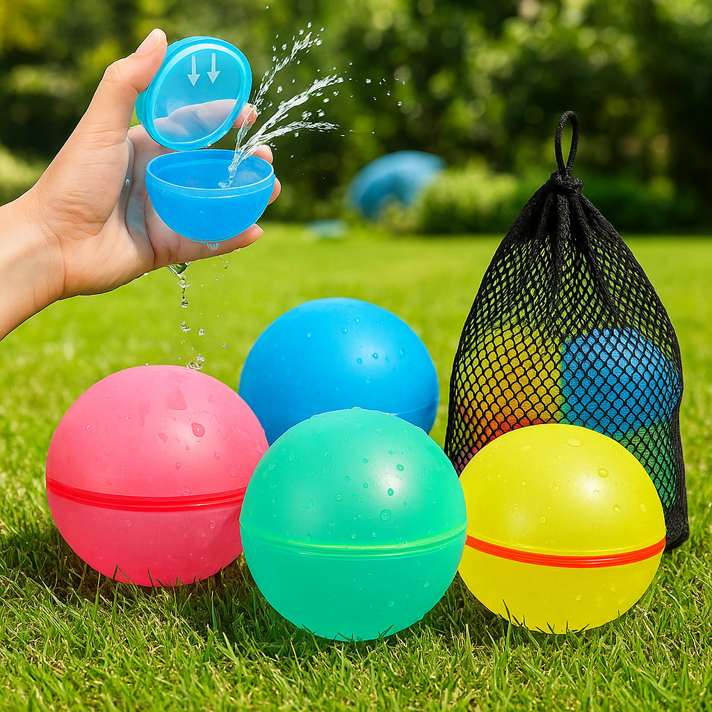 Colorful reusable water balloons, perfect for eco-friendly outdoor summer fun for kids.
