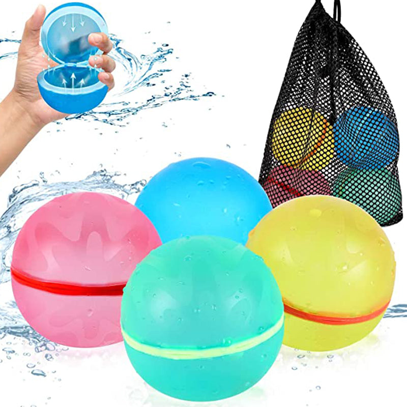 Kids laughing and playing with reusable water balloons, enjoying safe outdoor summer water fights.