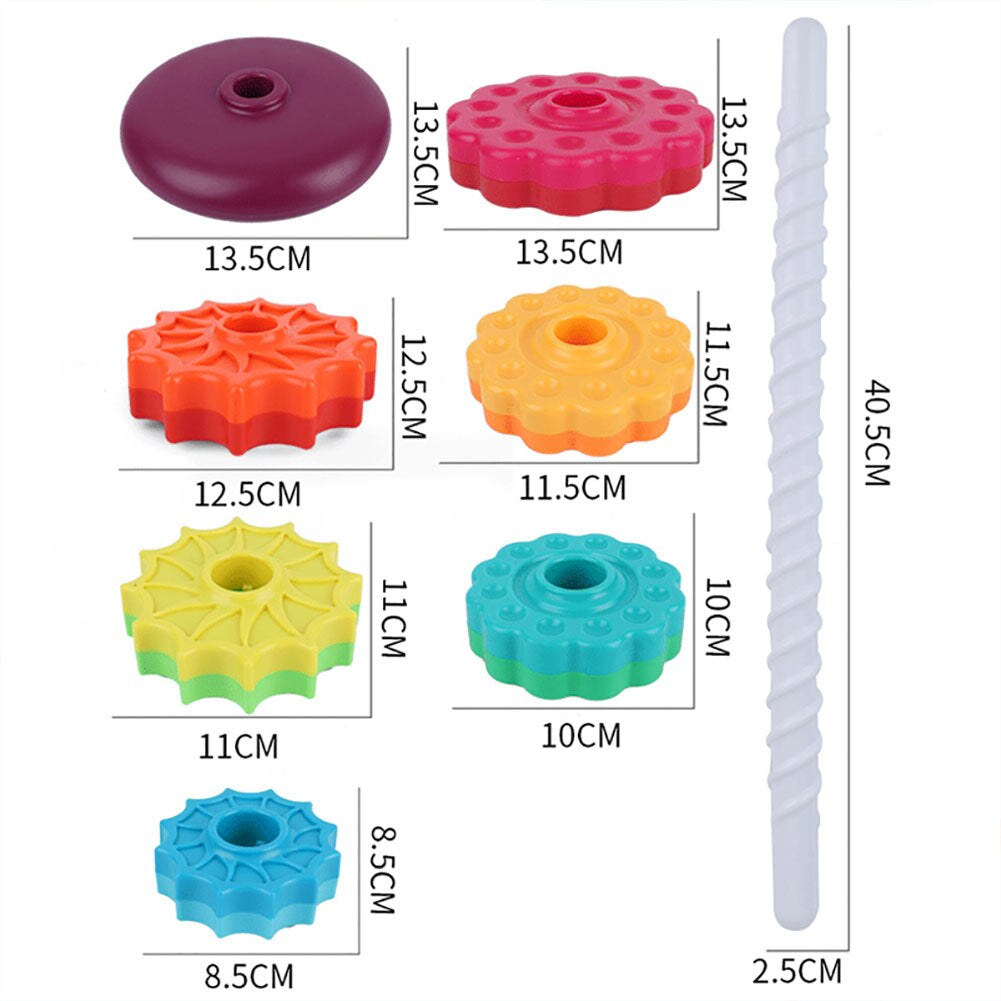 Interactive children's toy: rotating stacker with various colored rings, promotes fine motor skills.
