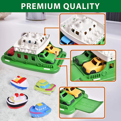 Toddler bath toy set featuring floating boats and cars, promoting imaginative water play